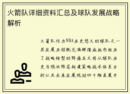 火箭队详细资料汇总及球队发展战略解析